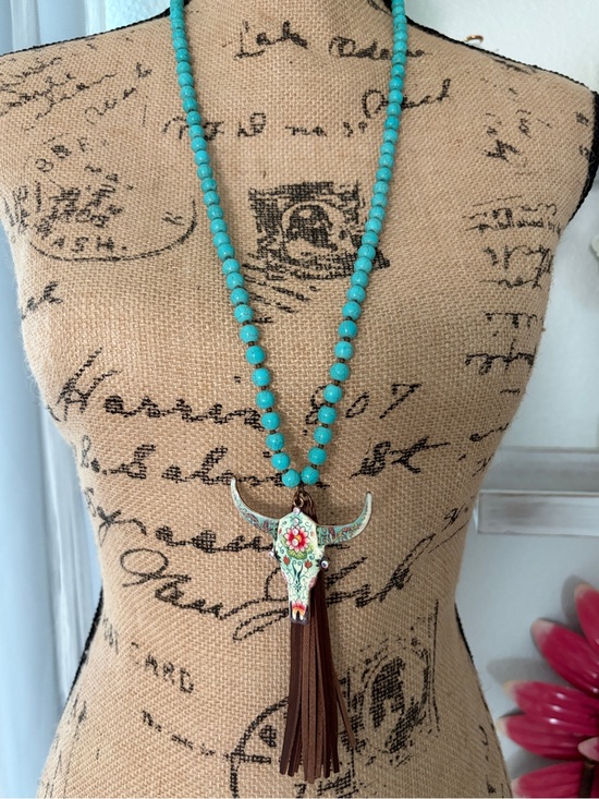 Jewelry - Turquoise Beaded Cow /Bull Skull Pendant Necklace with Brown Tassel
